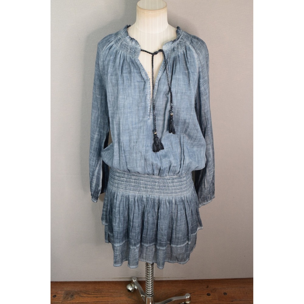 Natural Life Mini Dress Large Blue Smocked Waist Tassel Boho Women Long Sleeve